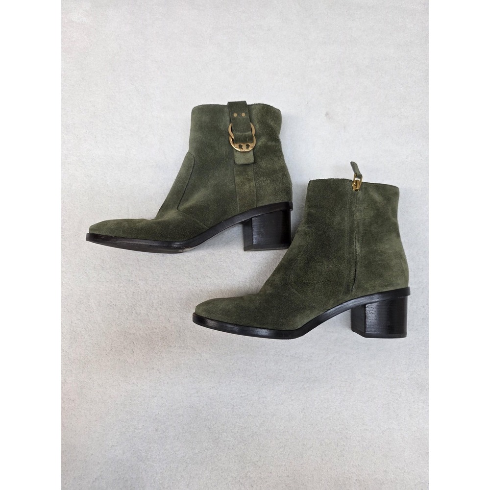 Tory Burch Olive Green Suede Marsden Ankle Boots Size 8M Womens Gold Booties - Picture 2 of 7